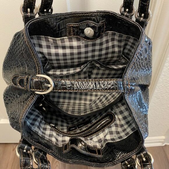 Large JESSICA SIMPSON Satchel PURSE * SHINY BLACK PATENT LEATHER embossed CROC - Picture 8 of 14